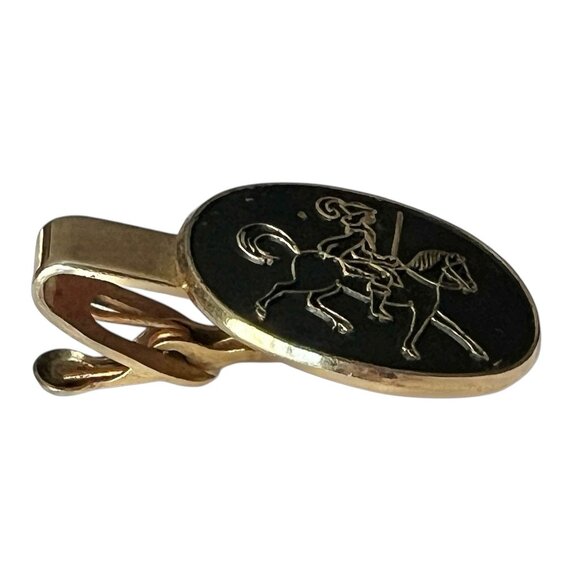 Black & Gold Knight On Horse Tie Clip 70s Men's Career Vintage Statement Piece - Picture 6 of 6